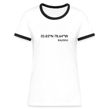 Raleigh North Carolina USA Koordinaten - Frauen Kontrast-T-Shirt - Weiß/Schwarz - Vorne - Selfina (174cm)