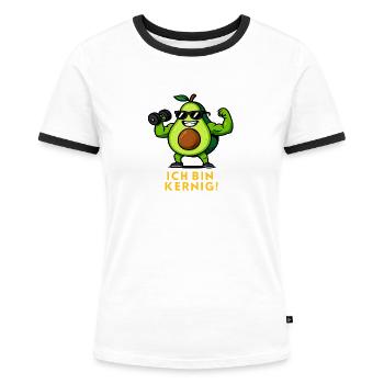 Kernige Avocado Muskelheld Fitness Illustration  - Frauen Kontrast-T-Shirt - Weiß/Schwarz - Vorne - Selfina (174cm)