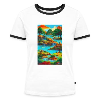 Exotische & bunte KI-Landschaft - Frauen Kontrast-T-Shirt - Weiß/Schwarz - Vorne - Selfina (174cm)