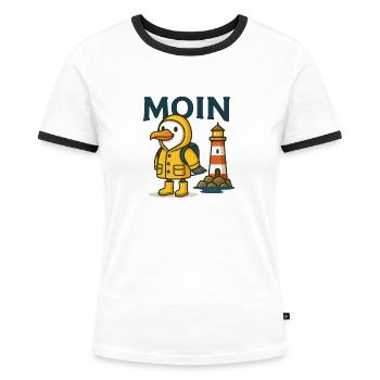 Moin Möwe Leuchtturm - Frauen Kontrast-T-Shirt - Weiß/Schwarz - Vorne - Selfina (174cm)
