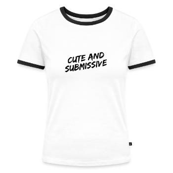 Police de pinceau noire « mignonne et soumise » - T-shirt contrasté Femme - blanc/noir - Devant - Selfina (174cm)