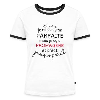 En vrai Pas Paraie Mais Fromagère - T-shirt contrasté Femme - blanc/noir - Devant - Selfina (174cm)