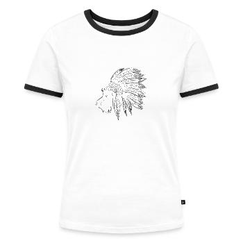 Dackel Indianer von Dackelfieber.de Rauhaardackel - Frauen Kontrast-T-Shirt - Weiß/Schwarz - Vorne - Selfina (174cm)