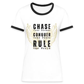 Poursuivez vos rêves - Conquérez vos peurs (aile d’or) - T-shirt contrasté Femme - blanc/noir - Devant - Selfina (174cm)