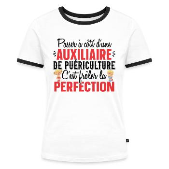Auxiliaire de puériculture Puéricultrice Métier - T-shirt contrasté Femme - blanc/noir - Devant - Selfina (174cm)