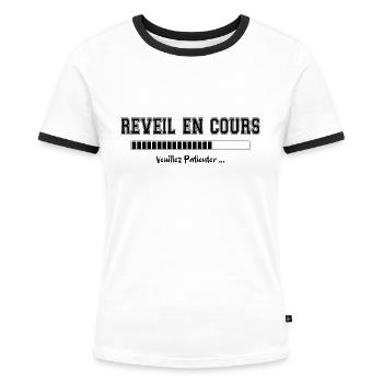 Réveil en cours. Cadeau Dormeur Humour - T-shirt contrasté Femme - blanc/noir - Devant - Selfina (174cm)