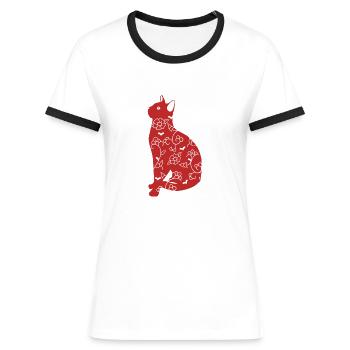 Rote Katze Chinoiserien - Frauen Kontrast-T-Shirt - Weiß/Schwarz - Vorne - Selfina (174cm)