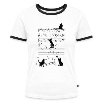 Cats on Music Notes Katzen auf Musik Noten - Frauen Kontrast-T-Shirt - Weiß/Schwarz - Vorne - Selfina (174cm)