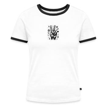 Peace Doodle – Dessin à la main expressif - T-shirt contrasté Femme - blanc/noir - Devant - Selfina (174cm)