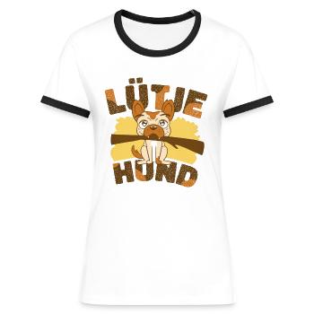 Lütje Hund Plattdeutsch kleiner Hund - Frauen Kontrast-T-Shirt - Weiß/Schwarz - Vorne - Selfina (174cm)
