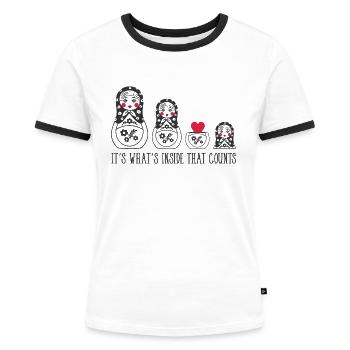 Russische Matrjoschka Puppe Spruch Herz Liebe - Frauen Kontrast-T-Shirt - Weiß/Schwarz - Vorne - Selfina (174cm)