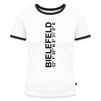 BIELEFELD Koordinaten Schüco Arena DSC - Frauen Kontrast-T-Shirt - Weiß/Schwarz - Vorne - Selfina (174cm)