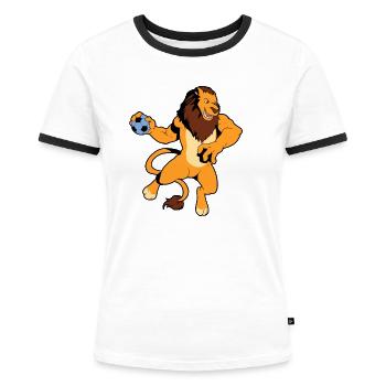 Comic Löwe spielt Handball - Frauen Kontrast-T-Shirt - Weiß/Schwarz - Vorne - Selfina (174cm)
