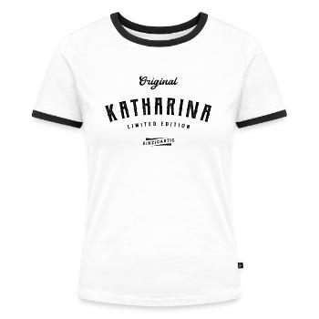 Katharina Limited Edition - Frauen Kontrast-T-Shirt - Weiß/Schwarz - Vorne - Selfina (174cm)