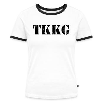 TKKG Logo In Schwarz - Frauen Kontrast-T-Shirt - Weiß/Schwarz - Vorne - Selfina (174cm)