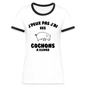 J’peux pas j’ai des cochons à élever - T-shirt contrasté Femme - blanc/noir - Devant - Selfina (174cm)