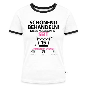 15 jähriges Jubiläum firmenjubiläum Kollegin - Frauen Kontrast-T-Shirt - Weiß/Schwarz - Vorne - Selfina (174cm)