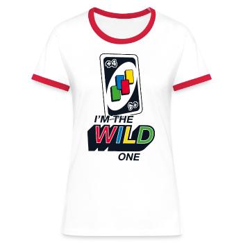 UNO™ I'm The Wild One Meme Vier-Ziehen-Karte - Frauen Kontrast-T-Shirt - Weiß/Rot - Vorne - Selfina (174cm)