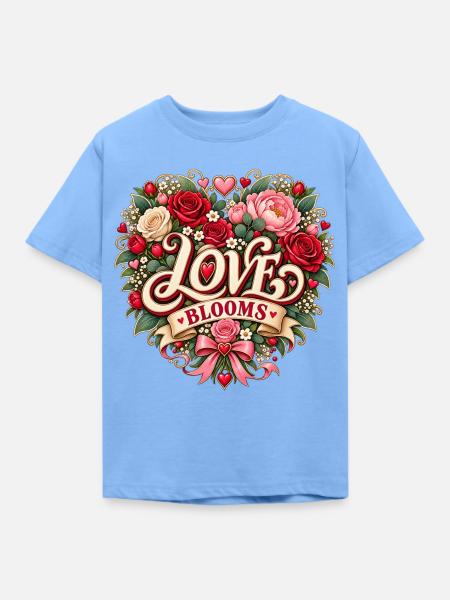 Love Blooms – Romantisches Blumenherz - Kinder T-Shirt - Himmelblau
