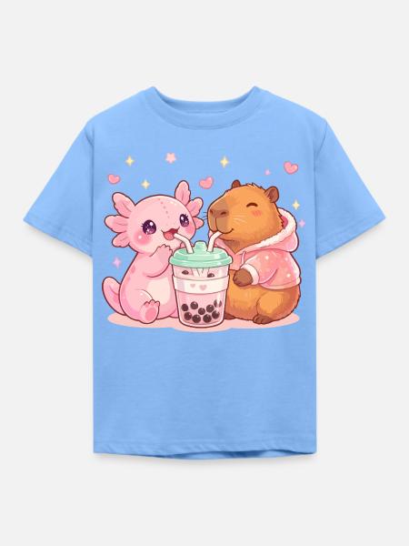 Axolotl, Capybara, Kawaii - Kinder T-Shirt - Himmelblau