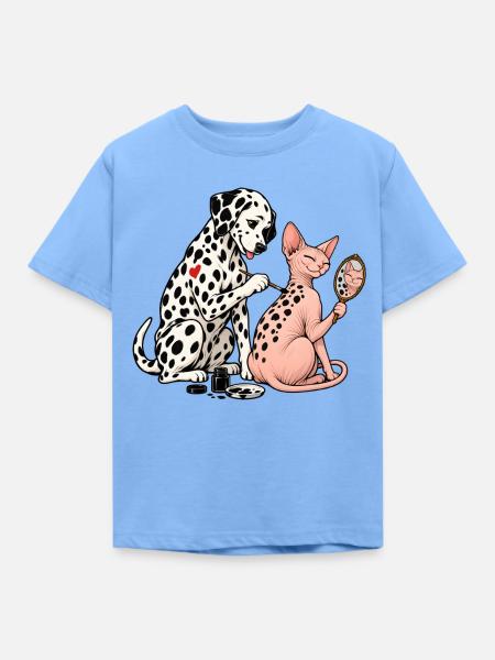 Dalmatiner und Sphynx-Katze beim Tätowieren - Kinder T-Shirt - Himmelblau