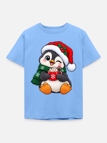 Süßer Pinguin mit Weihnachtsmütze & Kakao - Kinder T-Shirt - Himmelblau