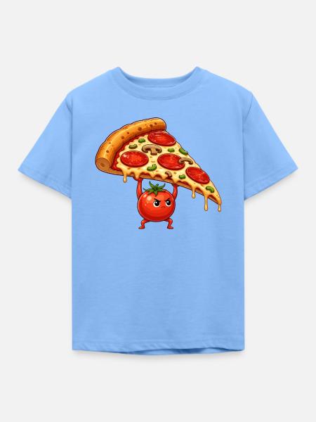 Tomatenheld hebt Pizza-Scheibe - Kinder T-Shirt - Himmelblau