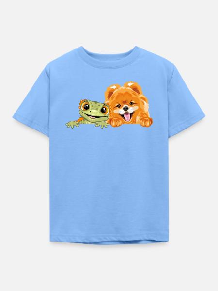 Peeking_Pomeranian_dog_and_funny_smiling_gecko - Kinder T-Shirt - Himmelblau
