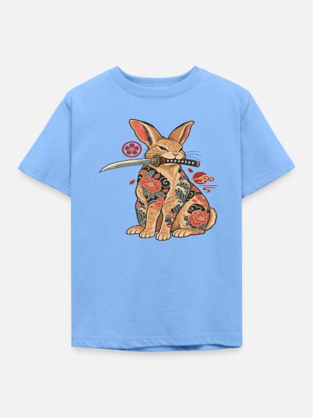 Katzen-Samurai mit Blüten-Tattoo - Kinder T-Shirt - Himmelblau