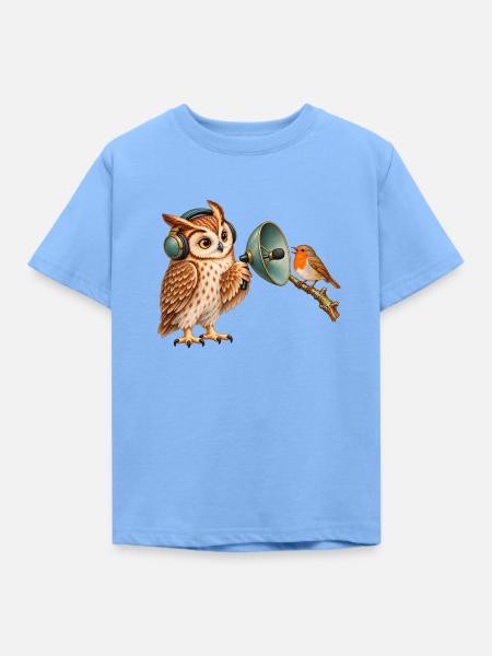 Eule nimmt Vogelstimmen auf - Kinder T-Shirt - Himmelblau