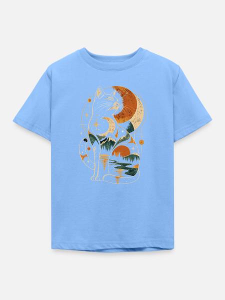 Mondkatze im Sternenwald - Kinder T-Shirt - Himmelblau