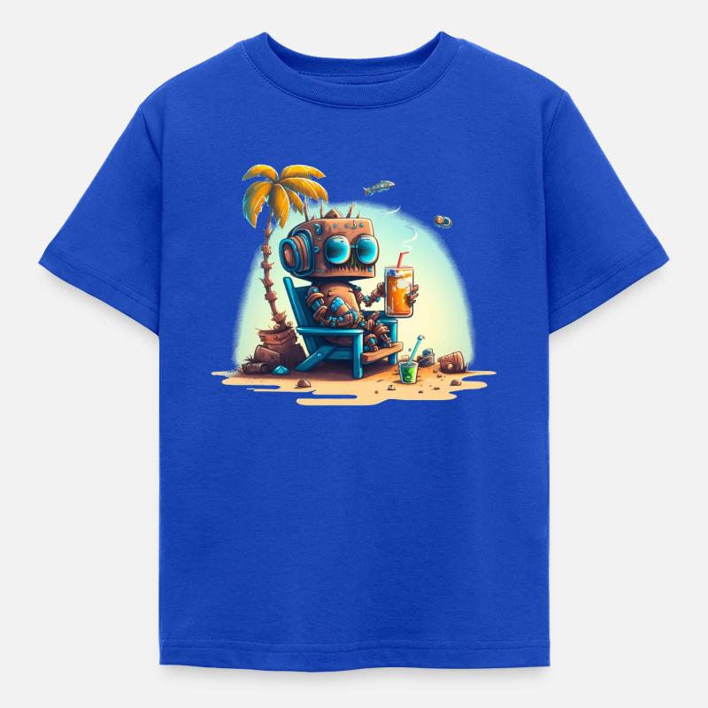 Roboter auf einem Liegestuhl unter einer Palme - Kinder T-Shirt - Royalblau