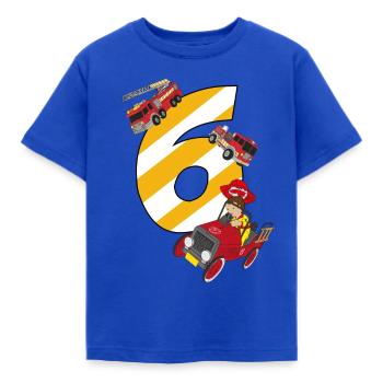 Anniversaire 6 ans pompiers, camion de pompiers - T-shirt Enfant - bleu royal - Devant - AI Model Kid Female (0cm)