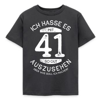 Ich hasse es mit 41 so gut auszusehen - Spruch - Kinder T-Shirt - Dunkelgrau - Vorne - AI Model Kid Female (0cm)
