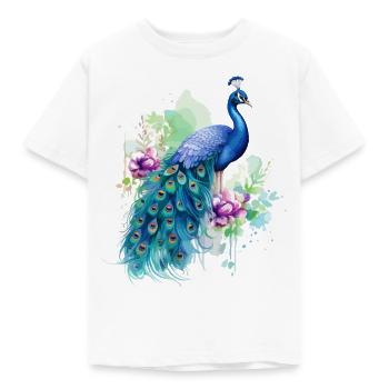 Pfau Pfauenfeder Exotisch Farbenfroh Bunt Kunst - Kinder T-Shirt - Weiß - Vorne - AI Model Kid Male (0cm)