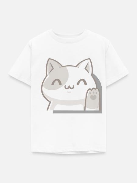 Winkende Kawaii-Katze,Glücksbringer im Chibi-Stil - Kinder T-Shirt - Weiß