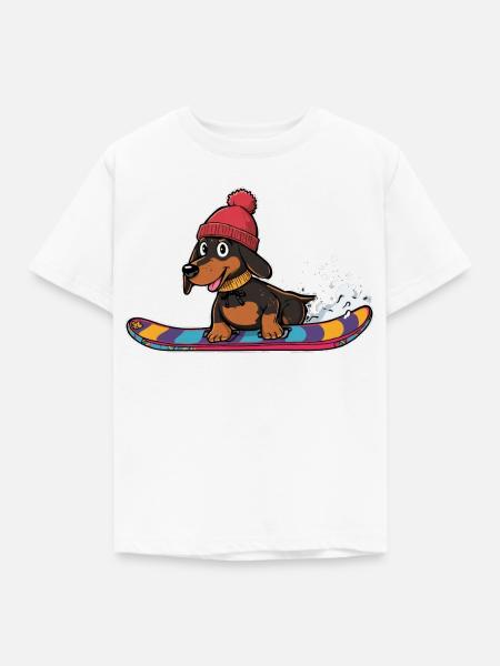 Dackel Snowboard im Winter - Kinder T-Shirt - Weiß