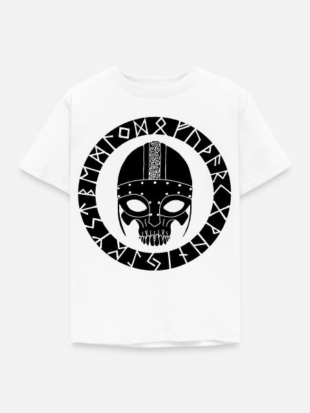 Schwarzer Totenkopf und Wikinger-Runen - Kinder T-Shirt - Weiß