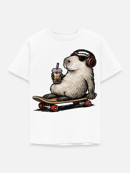 Capybara Skateboard Bubble Tea - Kinder T-Shirt - Weiß