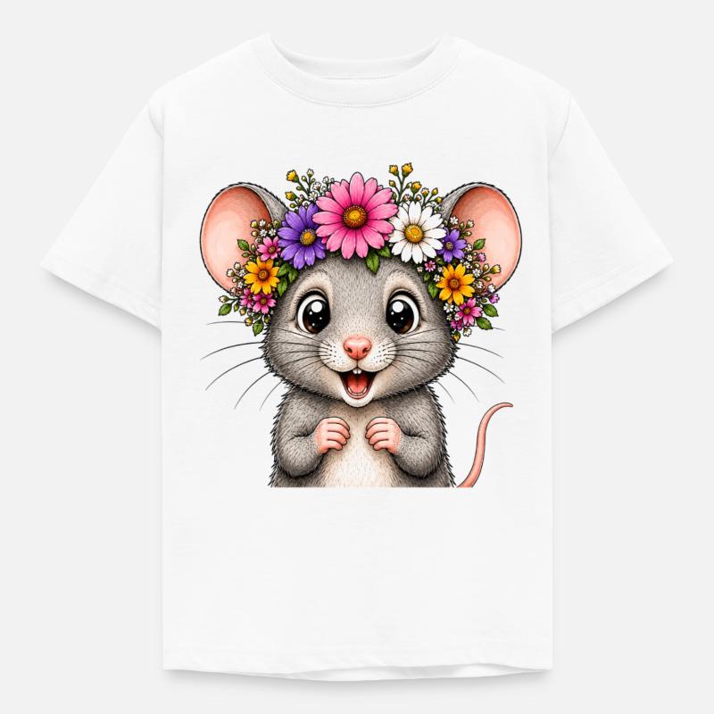 Fröhliche Maus mit Blumenschmuck  - Kinder T-Shirt - Weiß