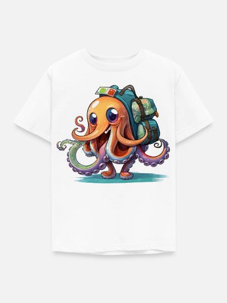 Oktopus Entdecker mit Rucksack - Kinder T-Shirt - Weiß