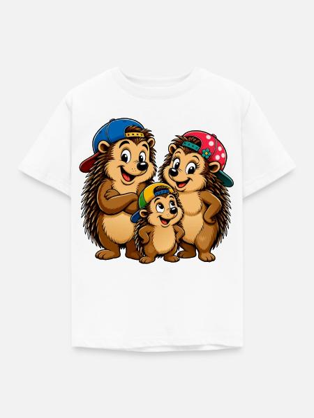 Lustige Igelfamilie mit Basecap - Kinder T-Shirt - Weiß