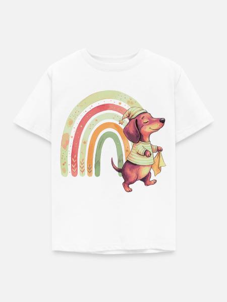 Schlafwandelnder Dackel mit Regenbogen - Kinder T-Shirt - Weiß