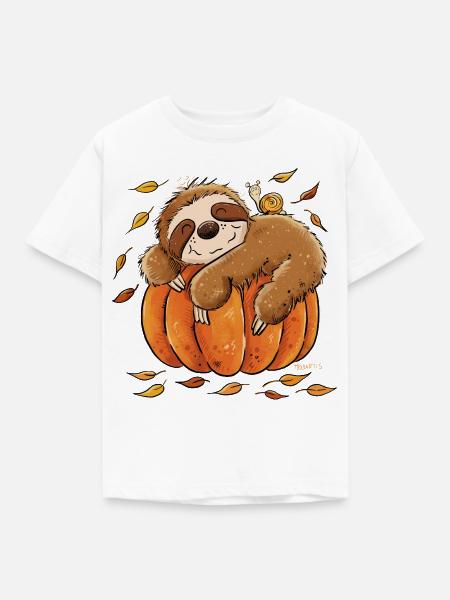 Faultier Kürbis Herbst Chill Herbstmotiv  - Kinder T-Shirt - Weiß