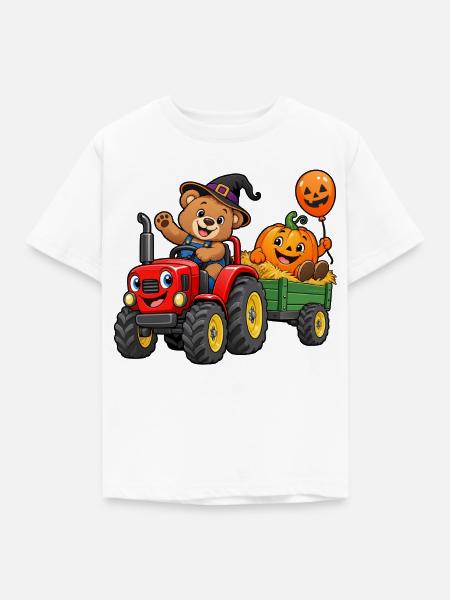 Kürbis-Traktor-Bär im Halloween-Wagen - Kinder T-Shirt - Weiß