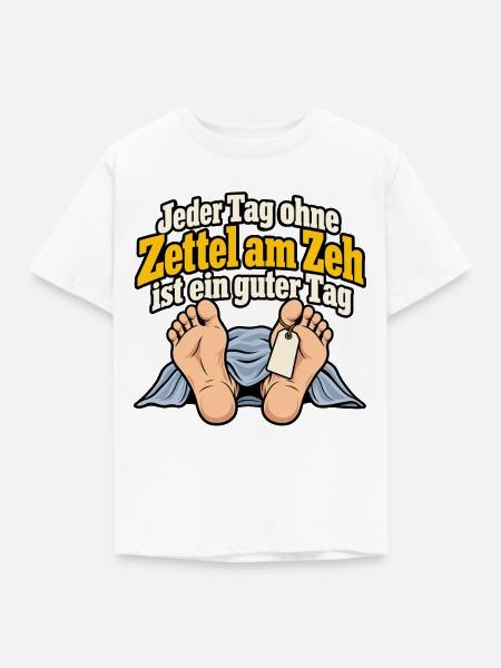 Zettel am Zeh – Schwarzer Humor - Kinder T-Shirt - Weiß