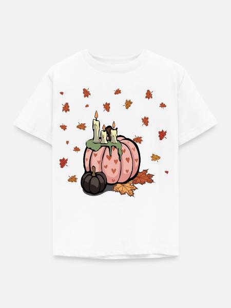 Rosa Kürbis mit Herbstkerzen - Kinder T-Shirt - Weiß