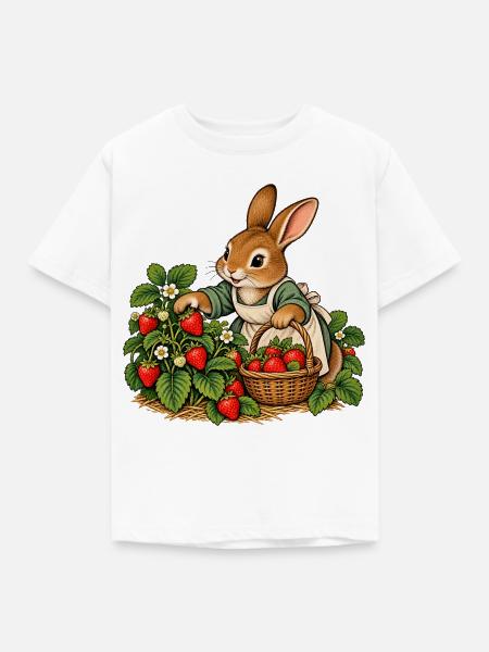 Hase bei der Erdbeerernte - Kinder T-Shirt - Weiß