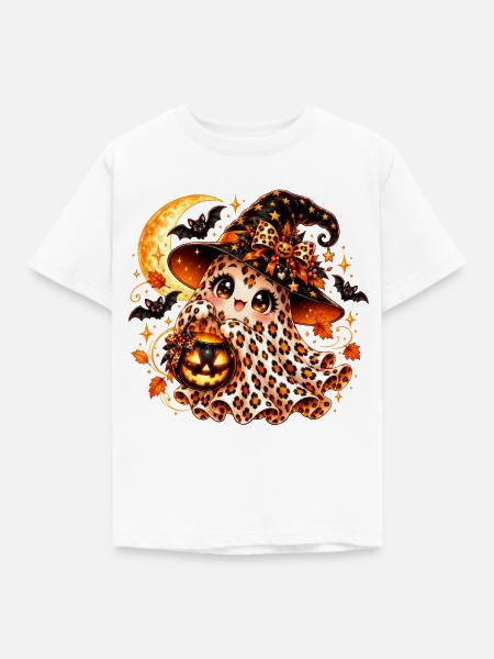 Leopardengeist im Halloweenhut - Kinder T-Shirt - Weiß