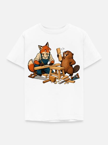 Fuchs und Biber beim Heimwerken – Handwerkerduo - Kinder T-Shirt - Weiß